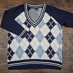 Torrid Womens 2X Argyle V-Neck Sweater Navy Blue Preppy Knit Pullover Academic